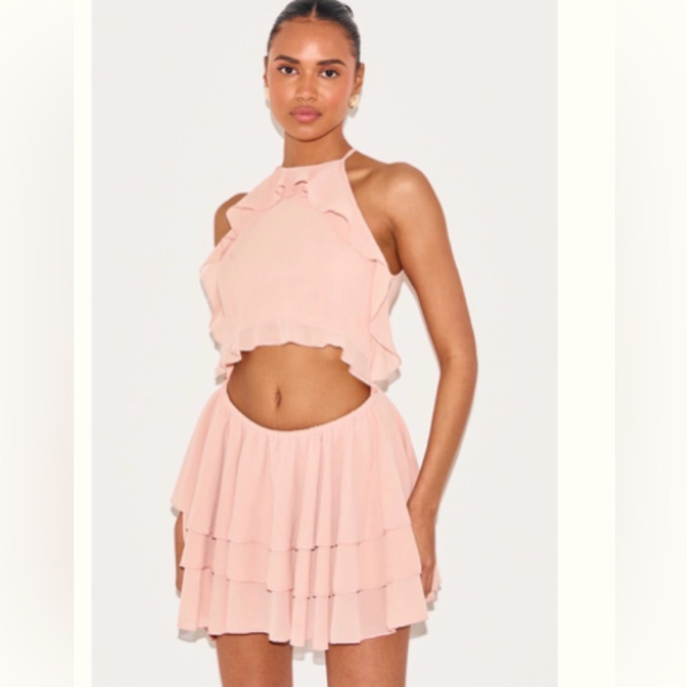 Pink Ruffled Halter Top and Skirt Set